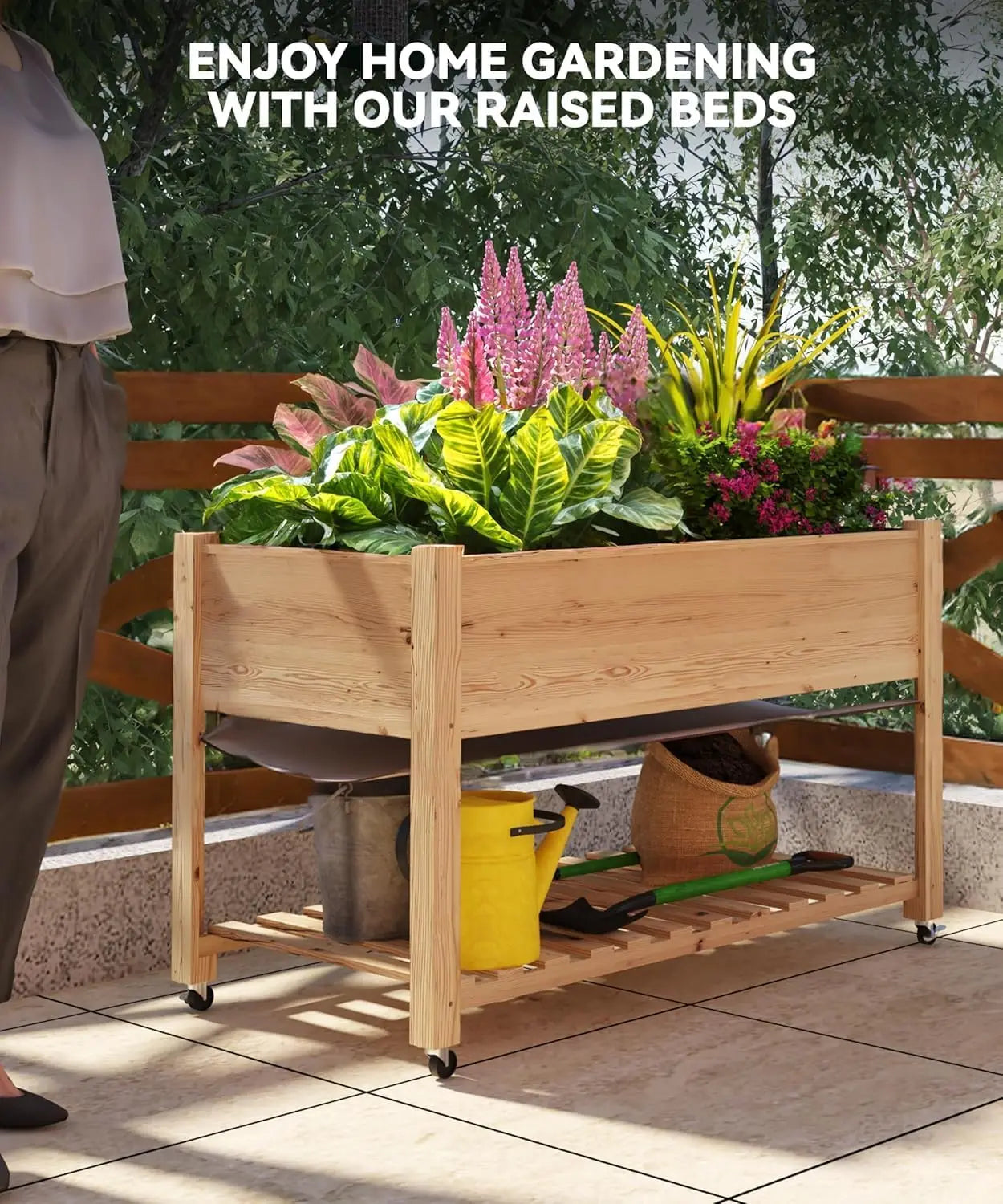 48x24x30inch Raised Garden Bed Mobile Elevated Wood Planter with Lockable Wheels Storage Shelf  for Patio Deck Balcony Fruits