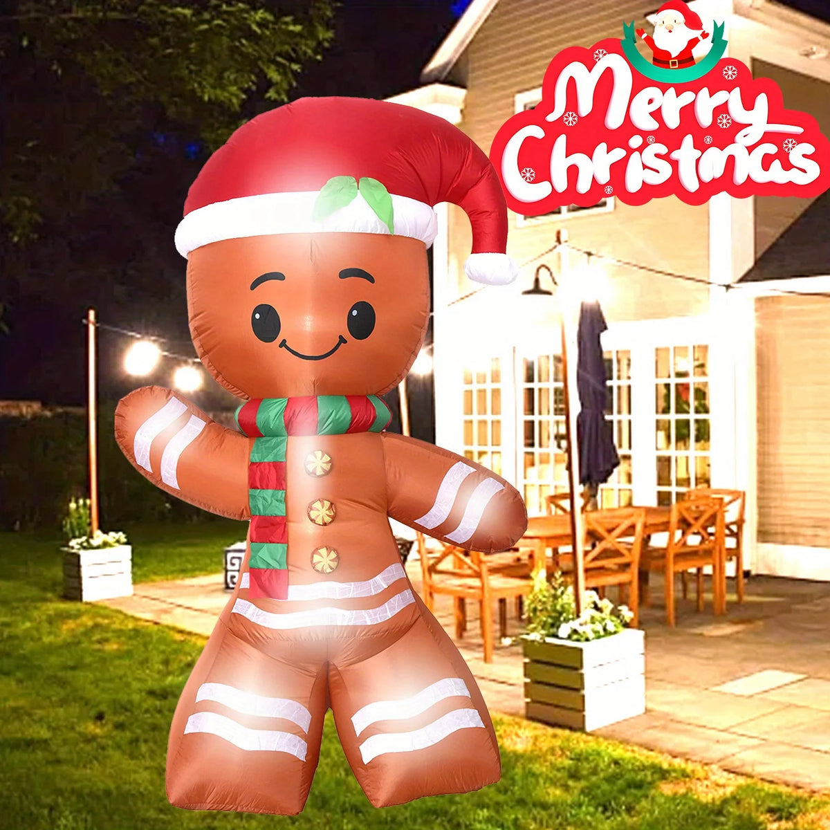 7.8FT LED Light Up Gingerbread Man Inflatable Cheerful Christmas Blow Up Decor with Santa Hat Scarf Winter Holiday Quick Inflate for Outdoor Yard Garden Lawn Chird Party Inflatable Decorative Item
