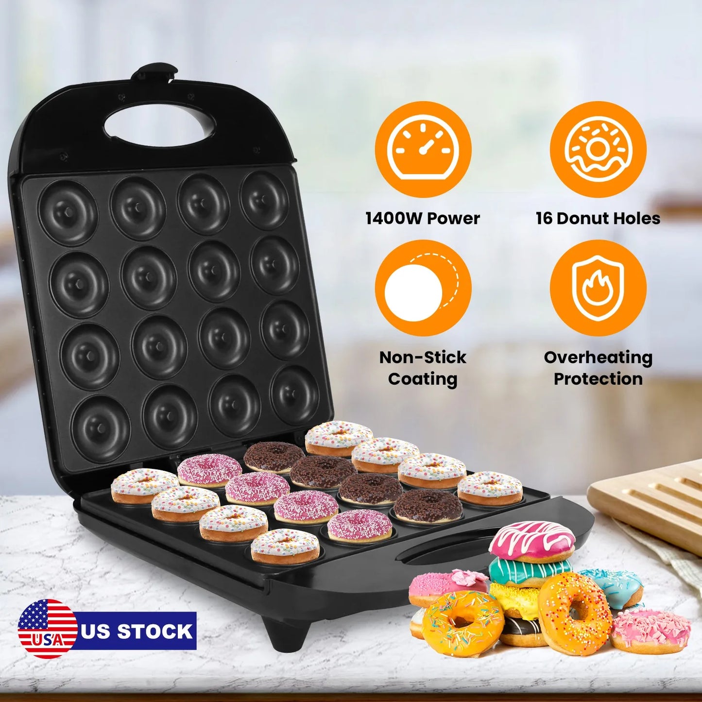 1400W Electric Mini Donut Maker 16 Doughnuts Holes Non Stick Baking Machine Breakfast Dessert Snack Baker Appliance - US Local Delivery