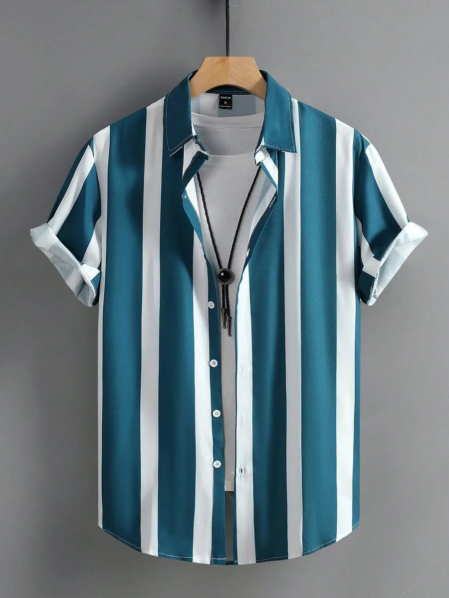 Men Vertical Striped Button Up Short Sleeve Shirt Casual