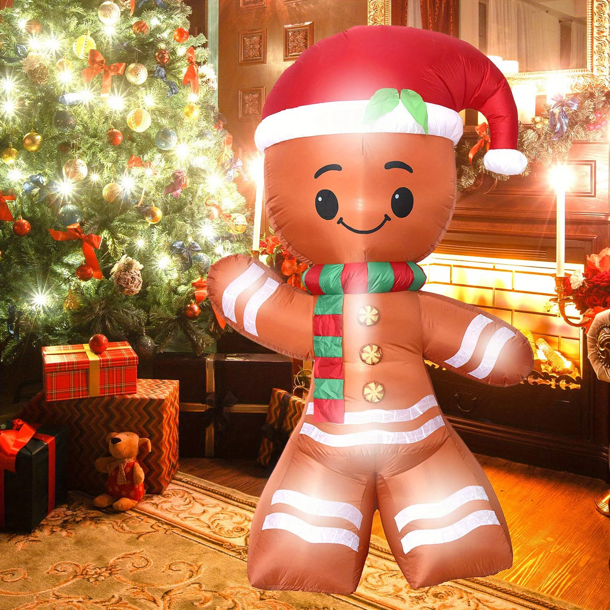 7.8FT LED Light Up Gingerbread Man Inflatable Cheerful Christmas Blow Up Decor with Santa Hat Scarf Winter Holiday Quick Inflate for Outdoor Yard Garden Lawn Chird Party Inflatable Decorative Item