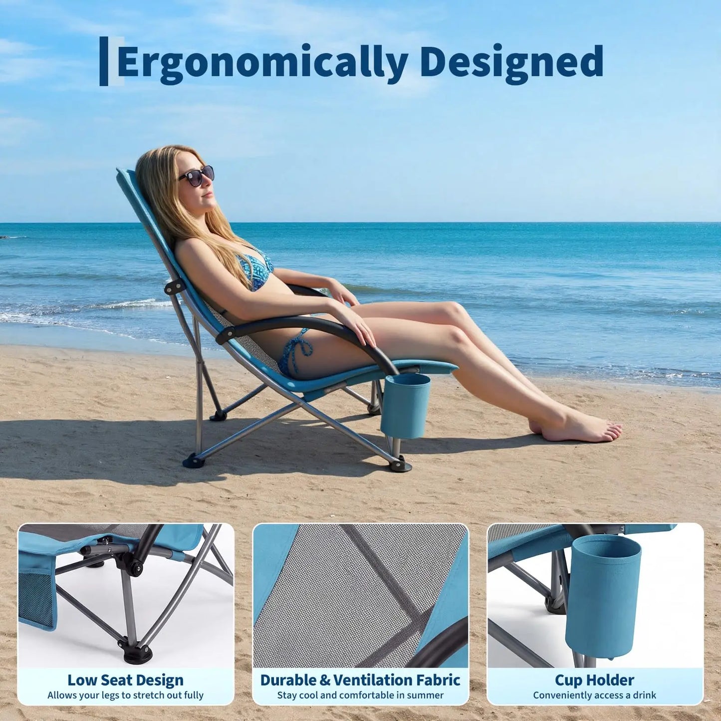 High Back Beach Chair,Folding Beach Chairs, Extra Wide Seat Chair with Cup Holder, Storage Pocket & Carry Bag for Camping Travel