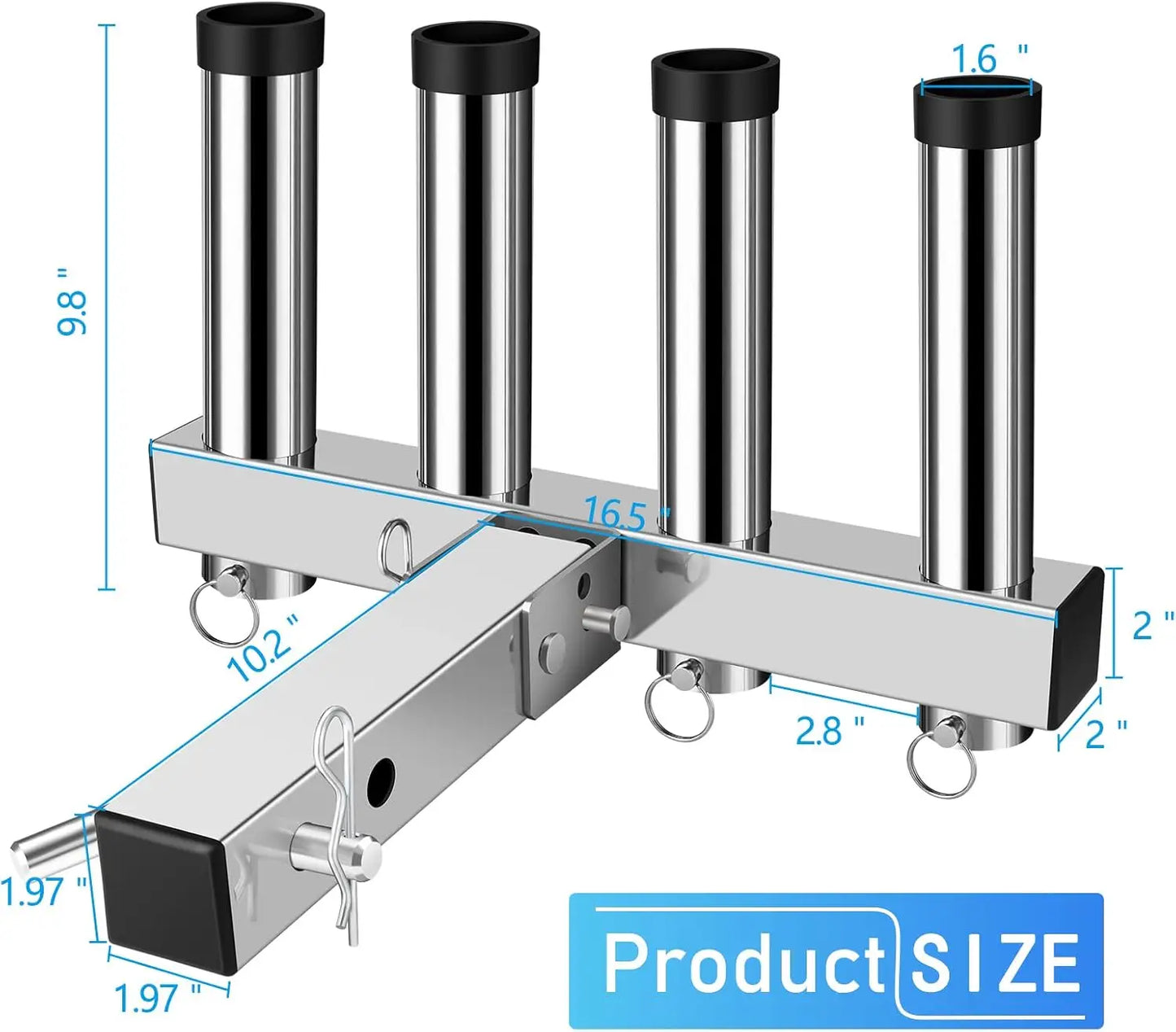 Stainless Steel Hitch Fishing Rod Holder for 2" Receivers, 4 Tube Rack with Quick Release Pin, Adjustable Truck Rod Holder