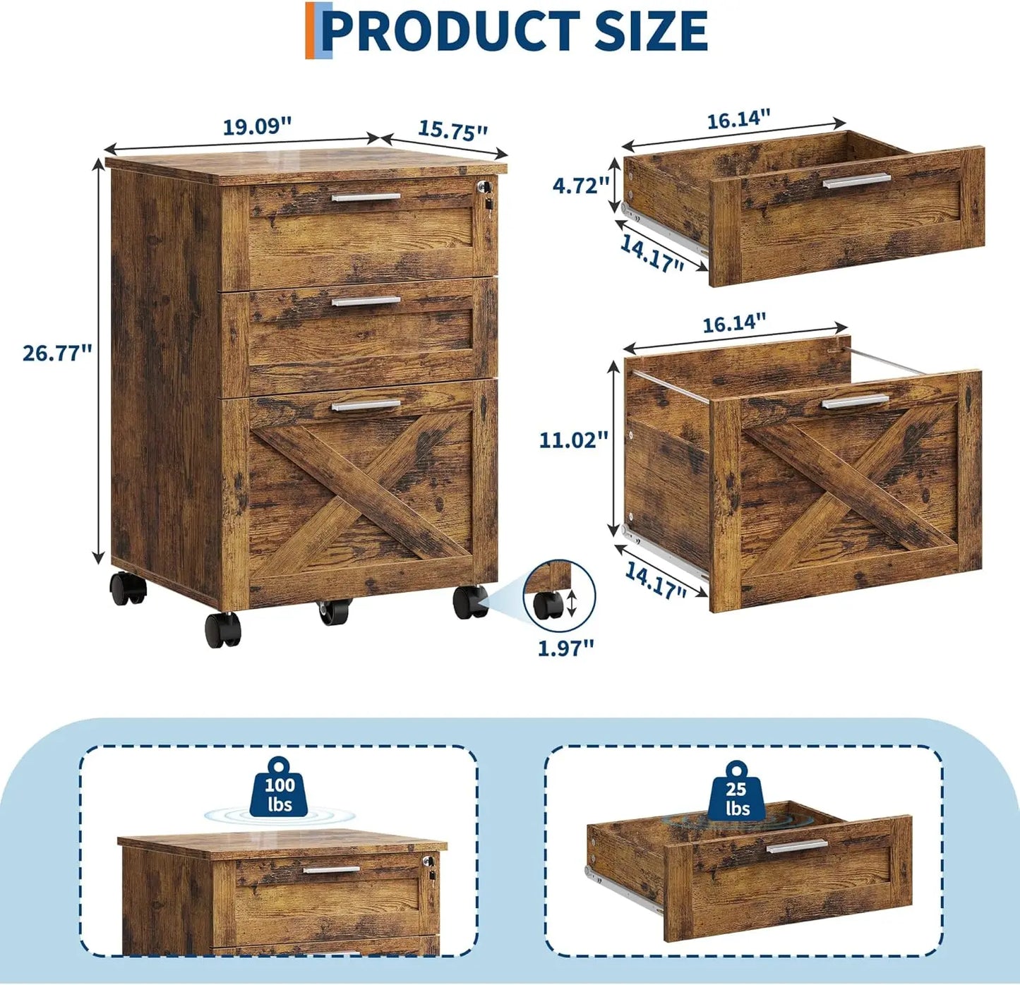3-Drawer Rolling File Cabinet with Lock - Wooden Mobile Filing Cabinet for Home Office, Under Desk Storage Organizer fits Letter
