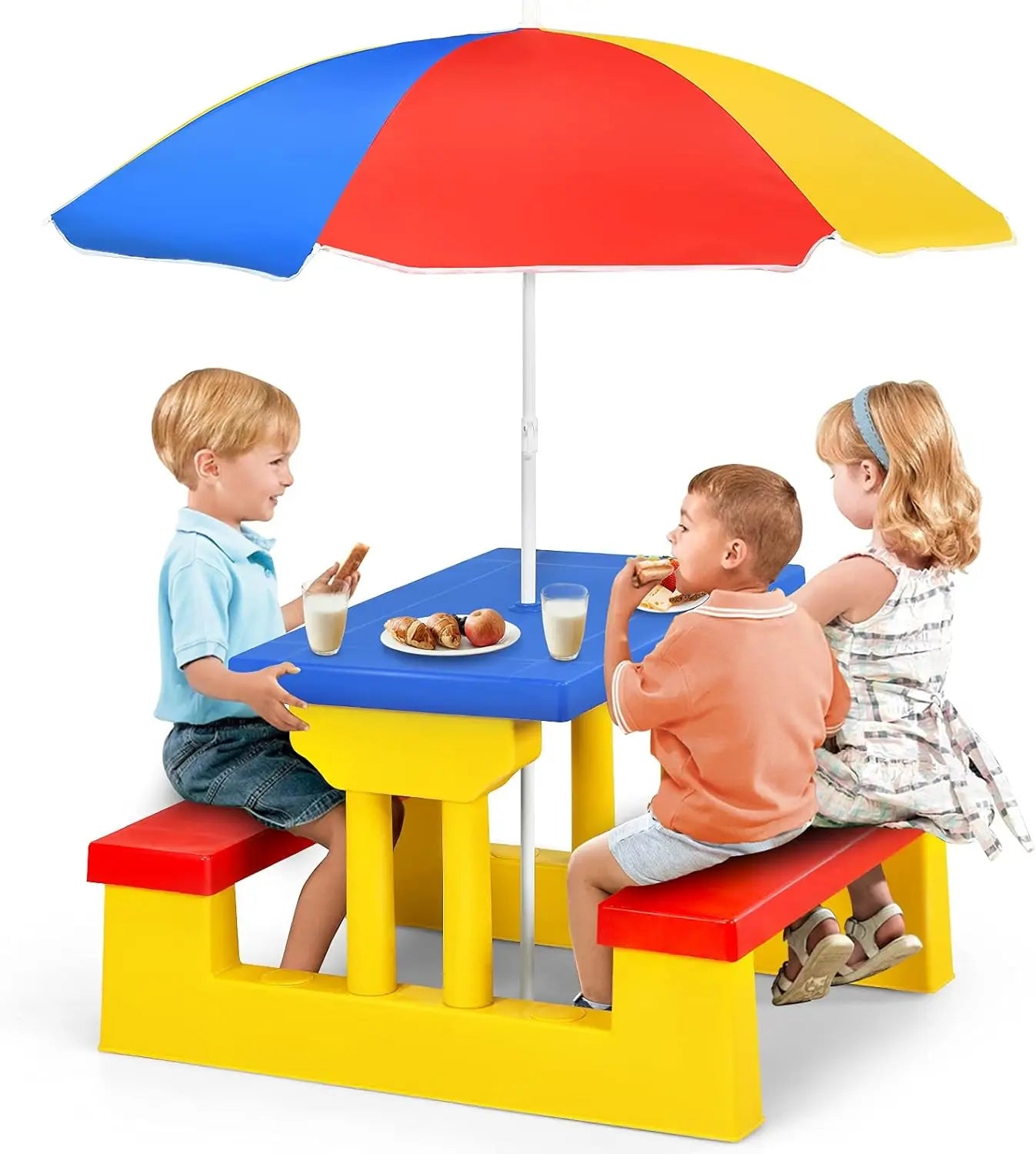 Kids Picnic Table, Toddler Plastic Outdoor Table & Bench Set with Umbrella, Children Patio Furniture Set for Backyard Garden