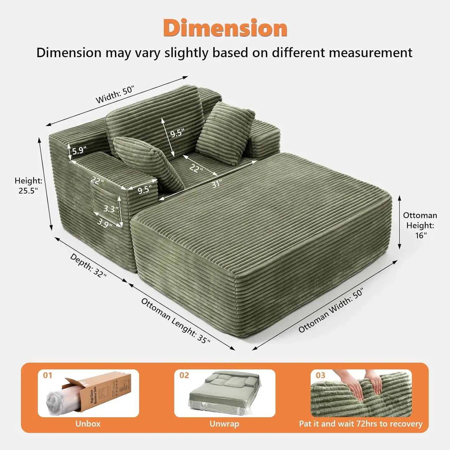 Boneless Chaise Lounge, 75" Oversized Chase Lounger Chair with Ottoman&Side Pockets, Corduroy Deep Seat Couch for, Customized