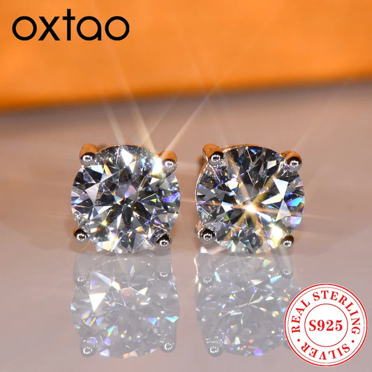 OXTAO With Certified D VVS1 Moissanite Stud Earrings Female Jewelry Sterling Silver S925 Piercing Earrings Wedding Jewelry Gift