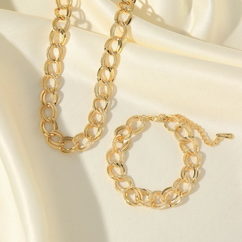 EILIECK 316L Stainless Steel 18K Gold Plated Double Link Chain Necklace Bracelet Set Charm Fashion Women Waterproof Jewelry Gift