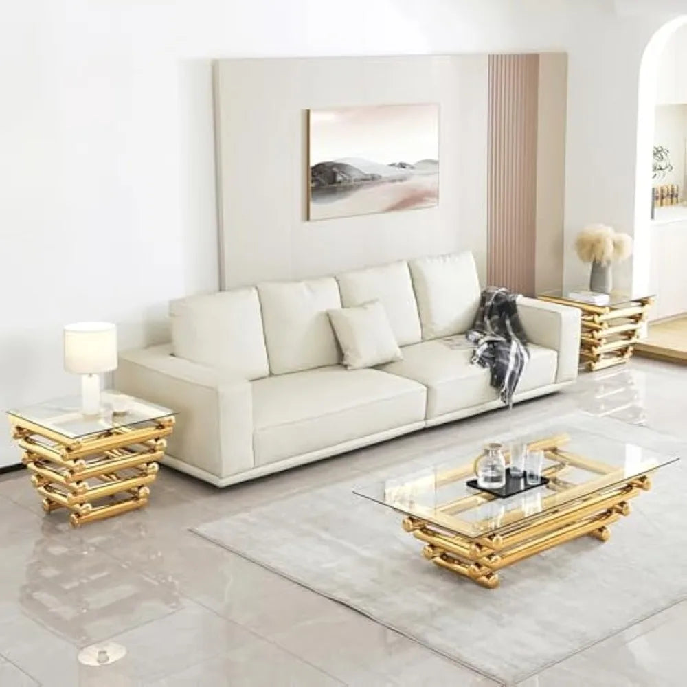 55" Glass Coffee Table, Modern Gold Coffee Tables for Living Room, Rectangular Tempered Glass Top with Stainless Steel Legs, Tea