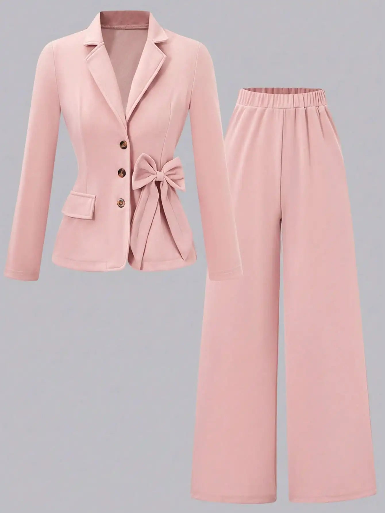 Pink Girls' Single-Breasted Blazer Set with Bow Detail, Wide-Leg Pants for Semi-Formal Occasions