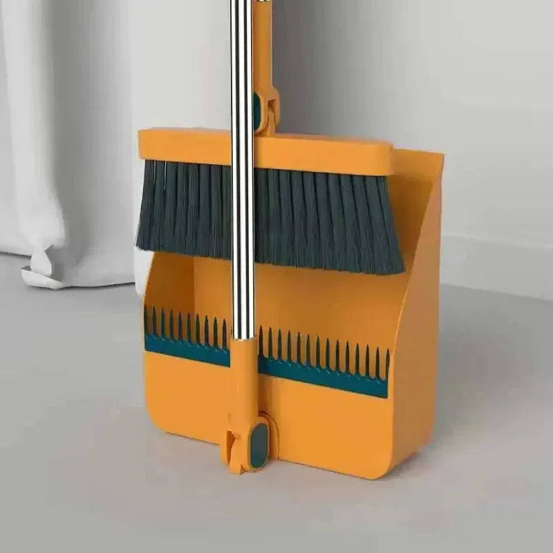 Folding Dustpan & Broom Set – Extra Thick Mounting Teeth, Clip Swivel Long Handle, Space Saving Storage