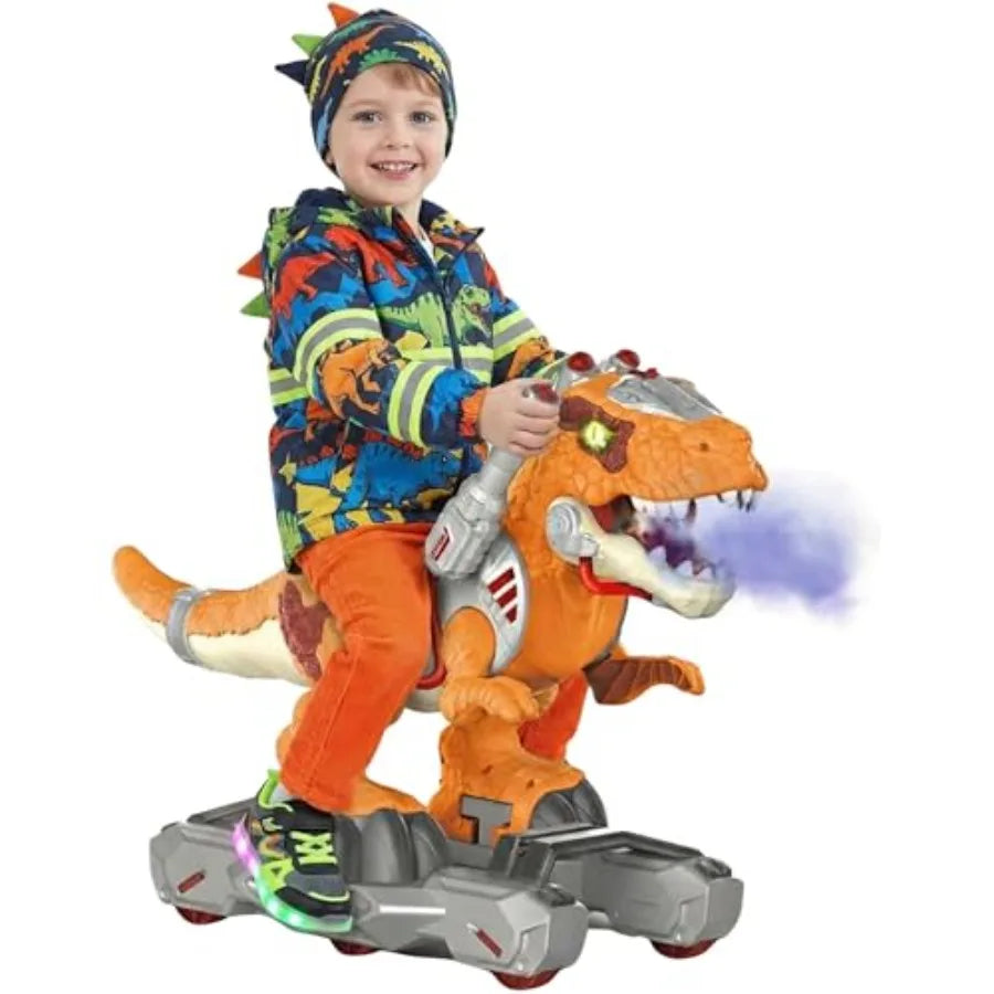 Dinosaur Ride On Push Car for Toddlers: Plastic, Red, Battery Operated with Music, Light Smoke Effects