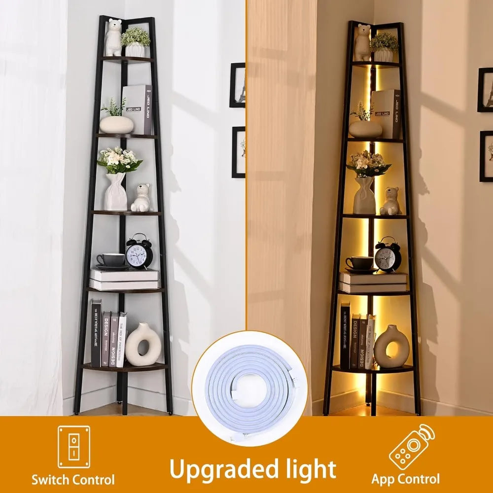 Corner Shelf, 5-Tier Corner Bookshelf with LED Light, 67.5in Corner Shelves for Bedroom, Tall Standing Shelf with Steel Frame,