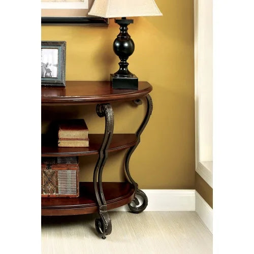 Traditional Brown Cherry Sofa Table With Open Shelf And Ornate Scroll Legs