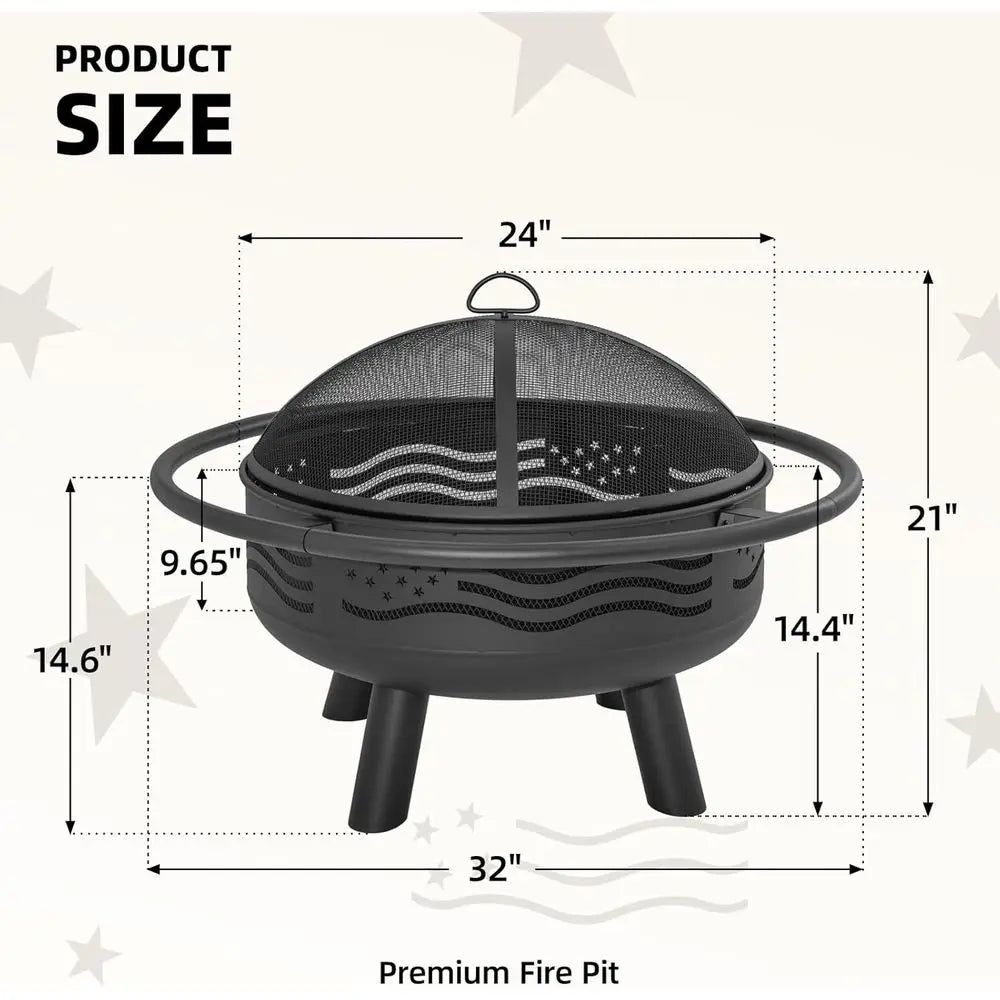 32 Inch Round Metal Wood Burning Fire Pit with Mesh Cover & Poker, Perfect for Outdoor Patio, Garden, Backyard Gatherings, Ideal