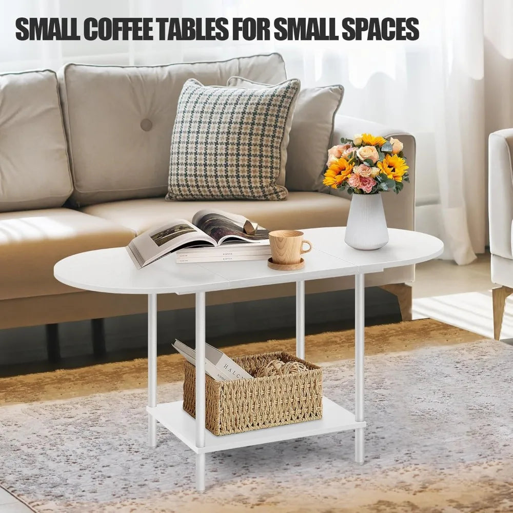 Mid Century Oval Coffee Table with Storage Shelf Wood Top Two Tier Narrow Small Space Apartment