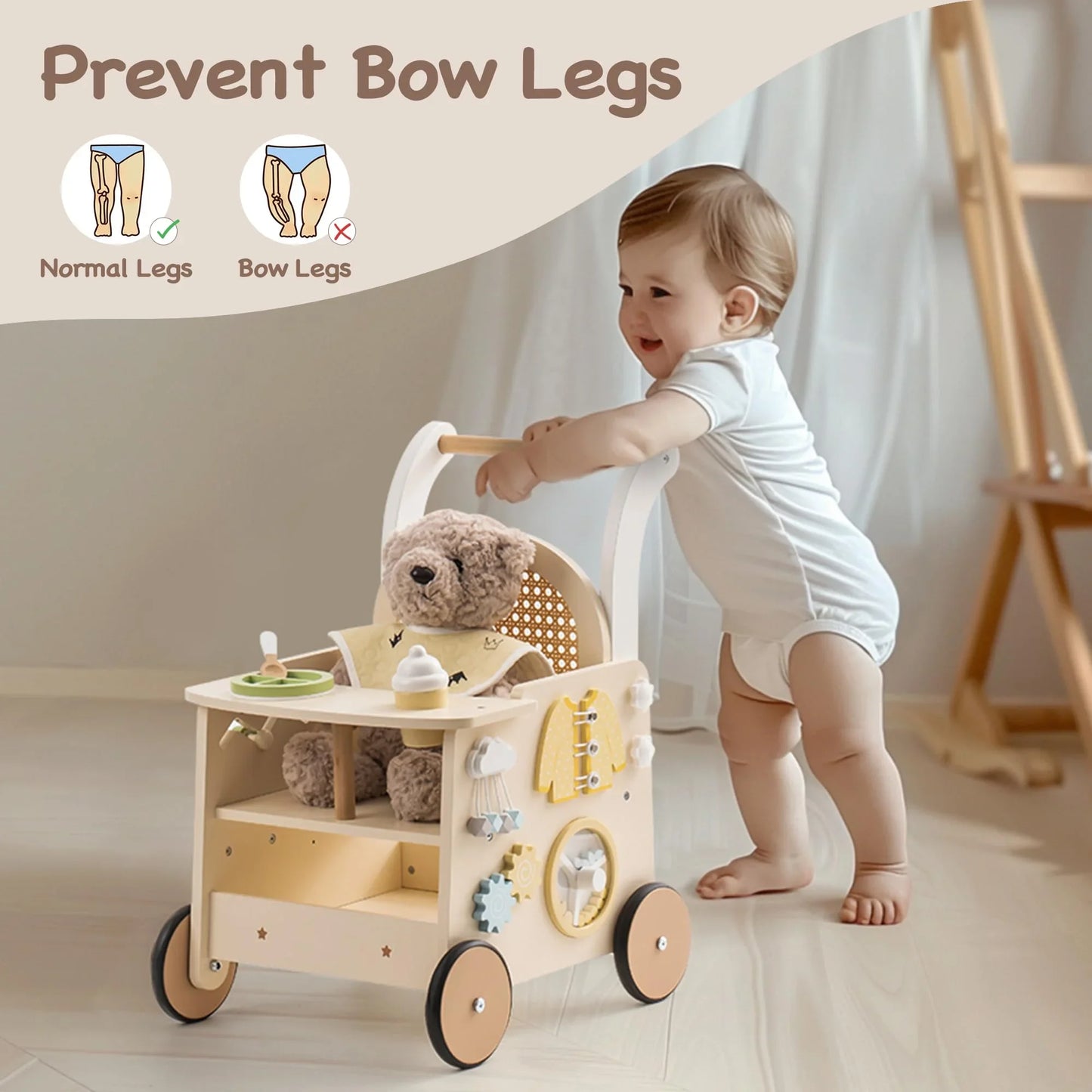 Robotime Robud Wooden Baby Walker Baby Doll Stroller Walkers Baby Push Along Walker with Safety Brake for 10+ Months