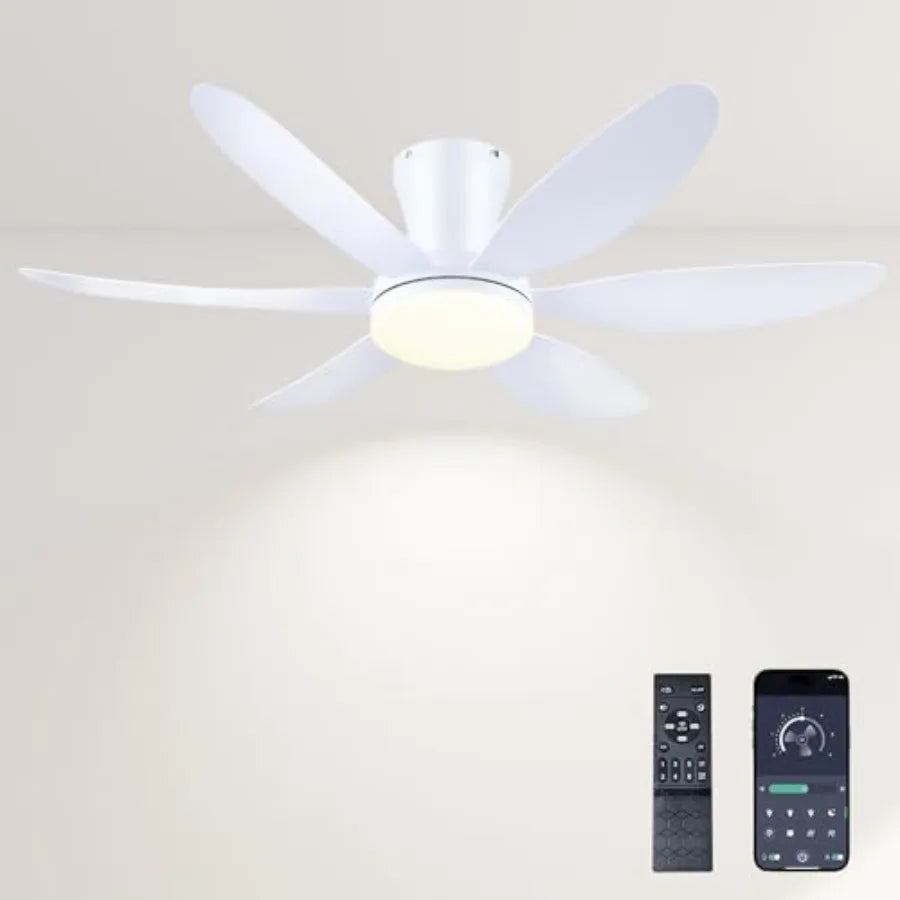 Ceiling Fan with Lights, 46 Inch Low Profile Ceiling Fan with Light and Remote Control, Flush Mount, 6 Speeds Reversible, Dimma