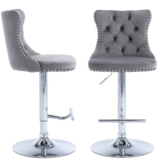 Gray Velvet Bar Stools Set of 2 - Adjustable Swivel Counter Height Chairs with Tufted Back and Nailhead Trim for Kitchen Island