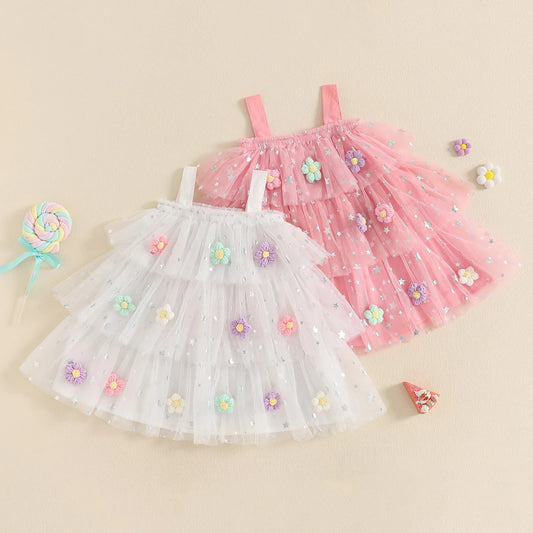Kids Girls Dress Flower Decor Sequins Star Sleeveless Layered Tulle Casual Dress Toddler Summer Dress