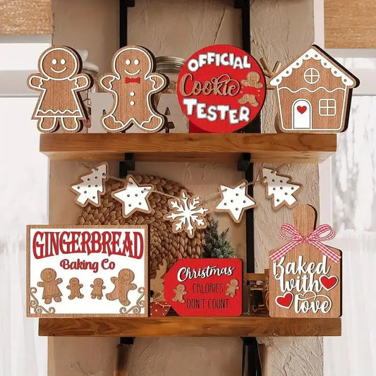 12-Piece Wooden Christmas Tiered Tray Set: Featuring Colorful Snowmen, Gingerbread, and Santa Signs for Festive Cheer