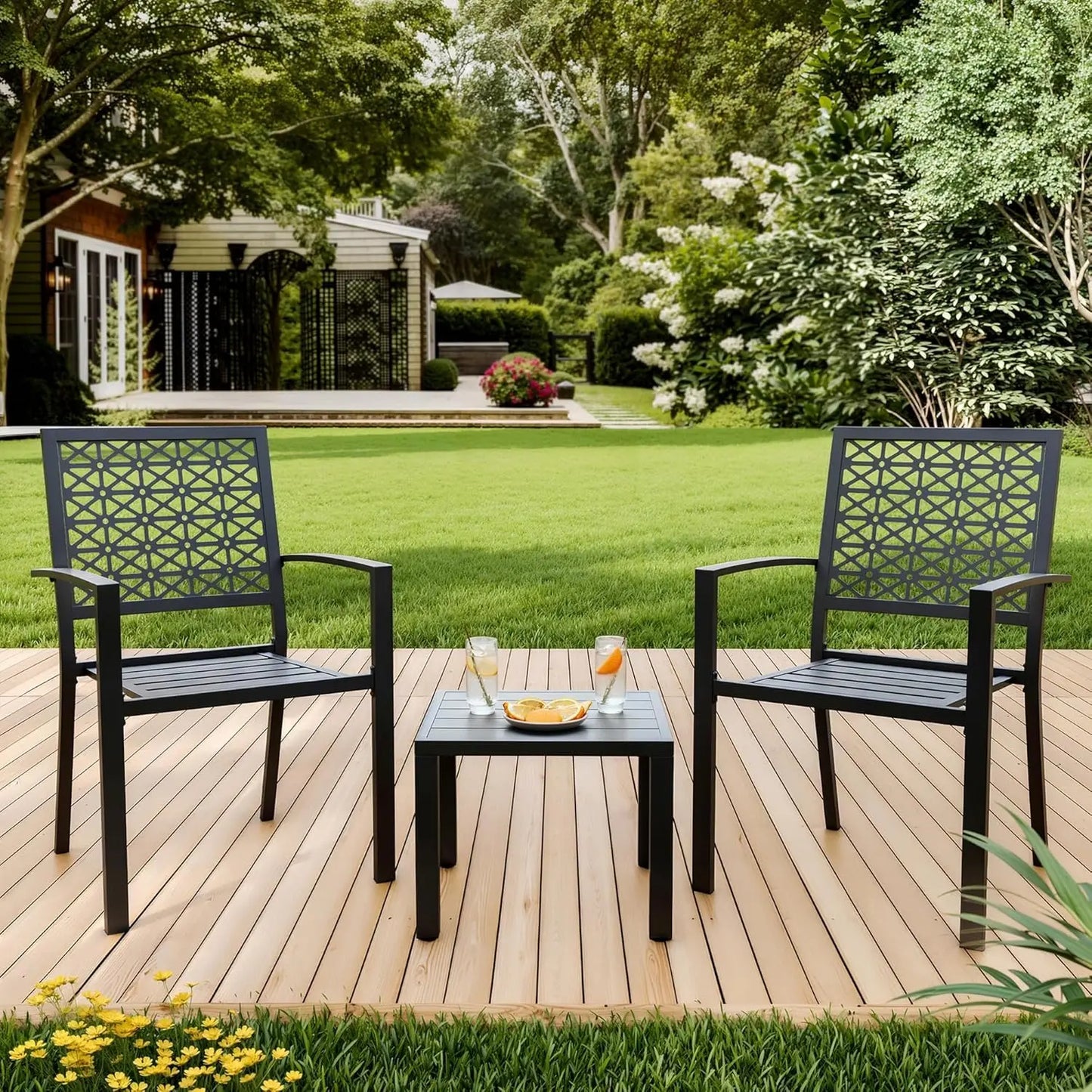 3-Piece Outdoor Bistro Set,Stackable Modern Metal Patio Furniture Set, 2 Chairs&Coffee Table,for Backyard Balcony Garden Lawn