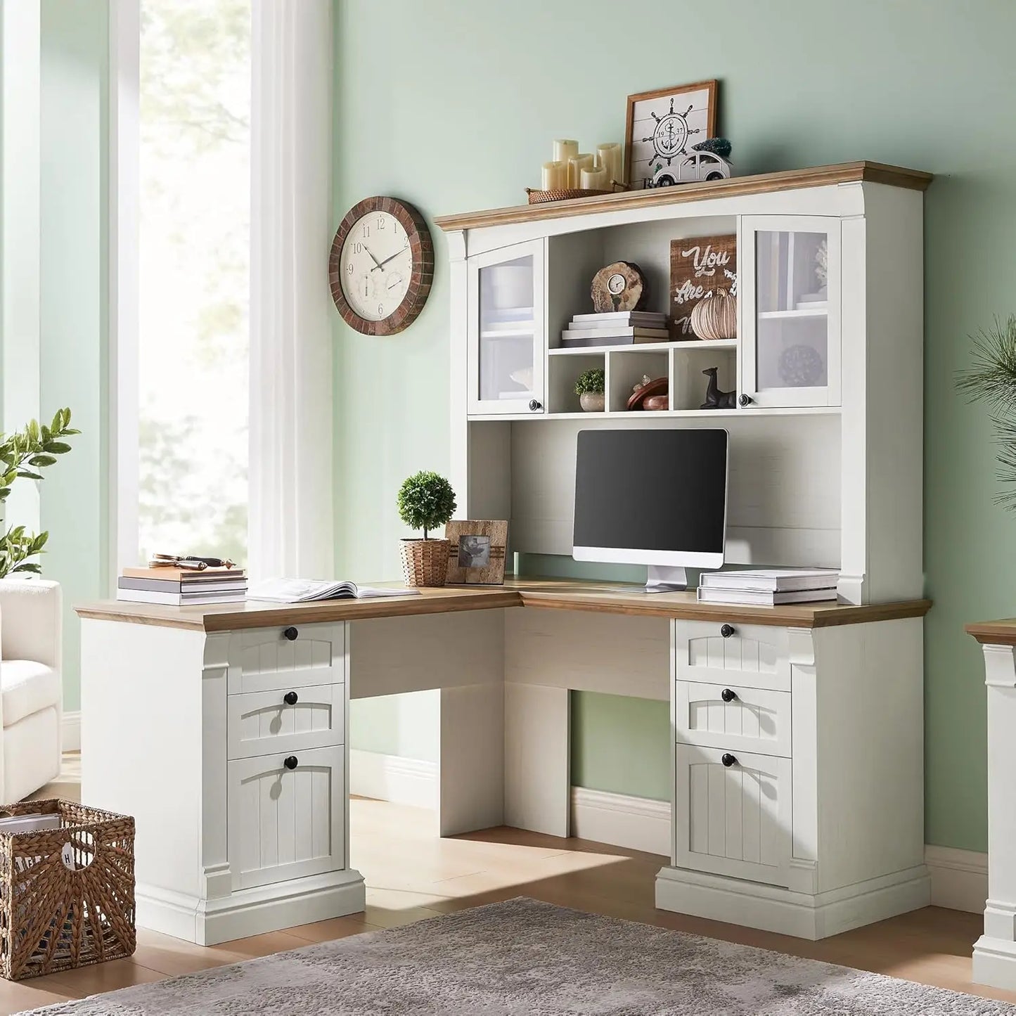 [Limited Stock, Buy Now!]60" L Shaped Executive Desk with Hutch and Drawers, Farmhouse Home Office Desk with Charging Station, F