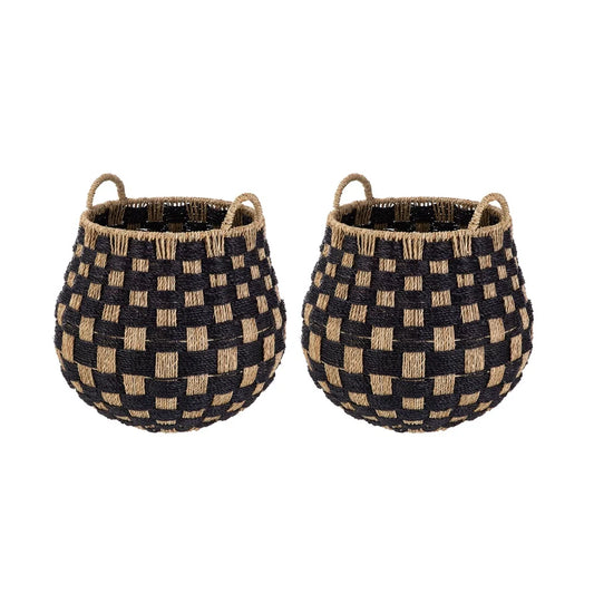 Large Round Seagrass Storage Basket with Handles 2 Pack Handcrafted Checkered Design Lightweight Durable Decorative Organizers