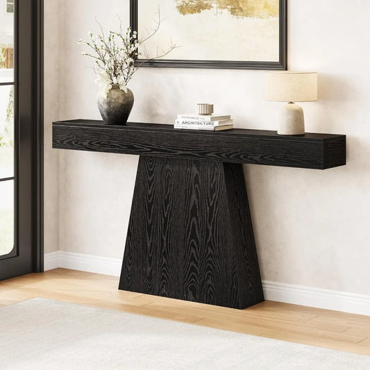 63 Modern Black Console Table, Trapezoidal Base, Perfect for Entryway and Living Room