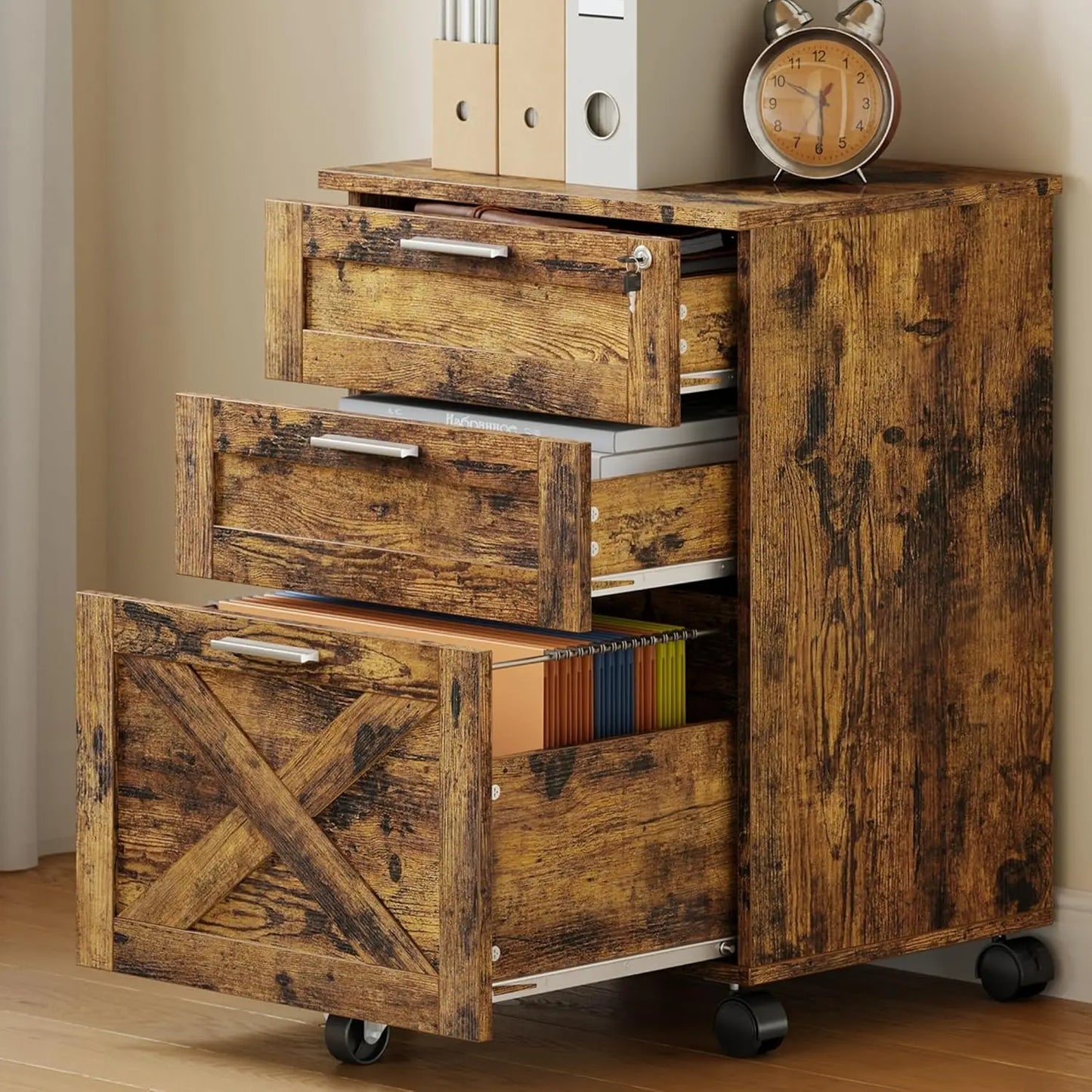 3-Drawer Rolling File Cabinet with Lock - Wooden Mobile Filing Cabinet for Home Office, Under Desk Storage Organizer fits Letter