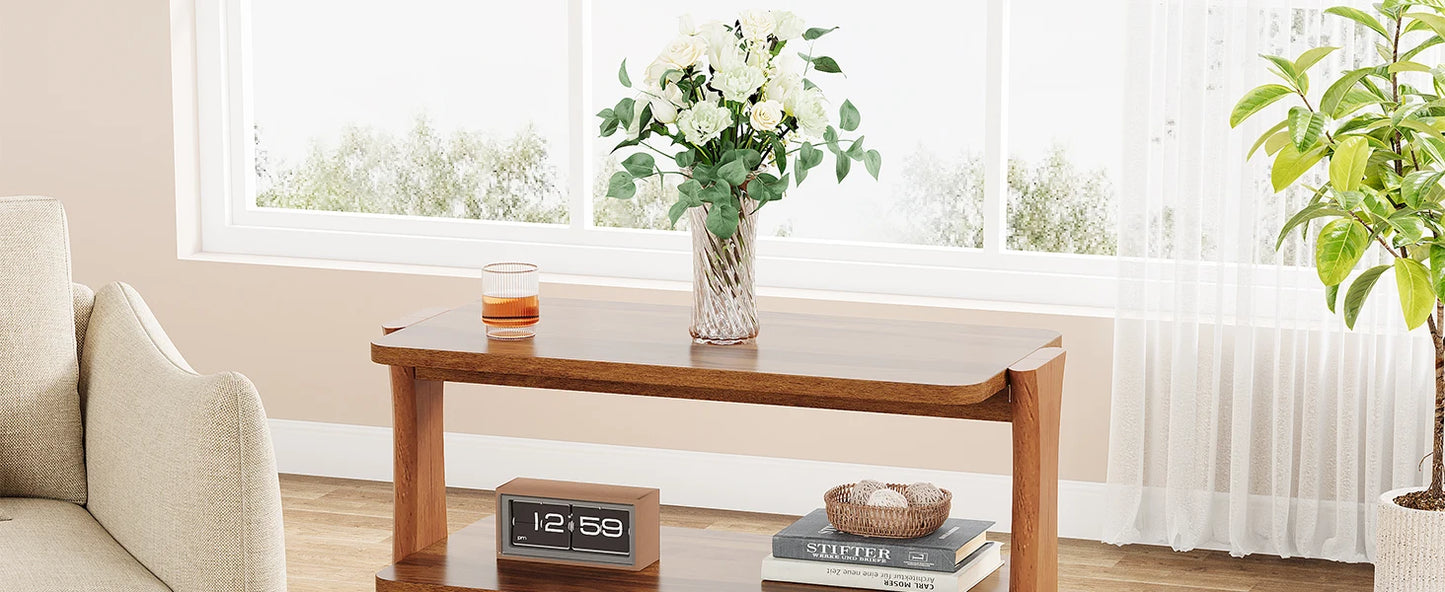 Side Table for Living Room, Farmhouse End Table with 2-Tier Storage Shelf and Solid Wood Legs, Nightstand for Bedroom