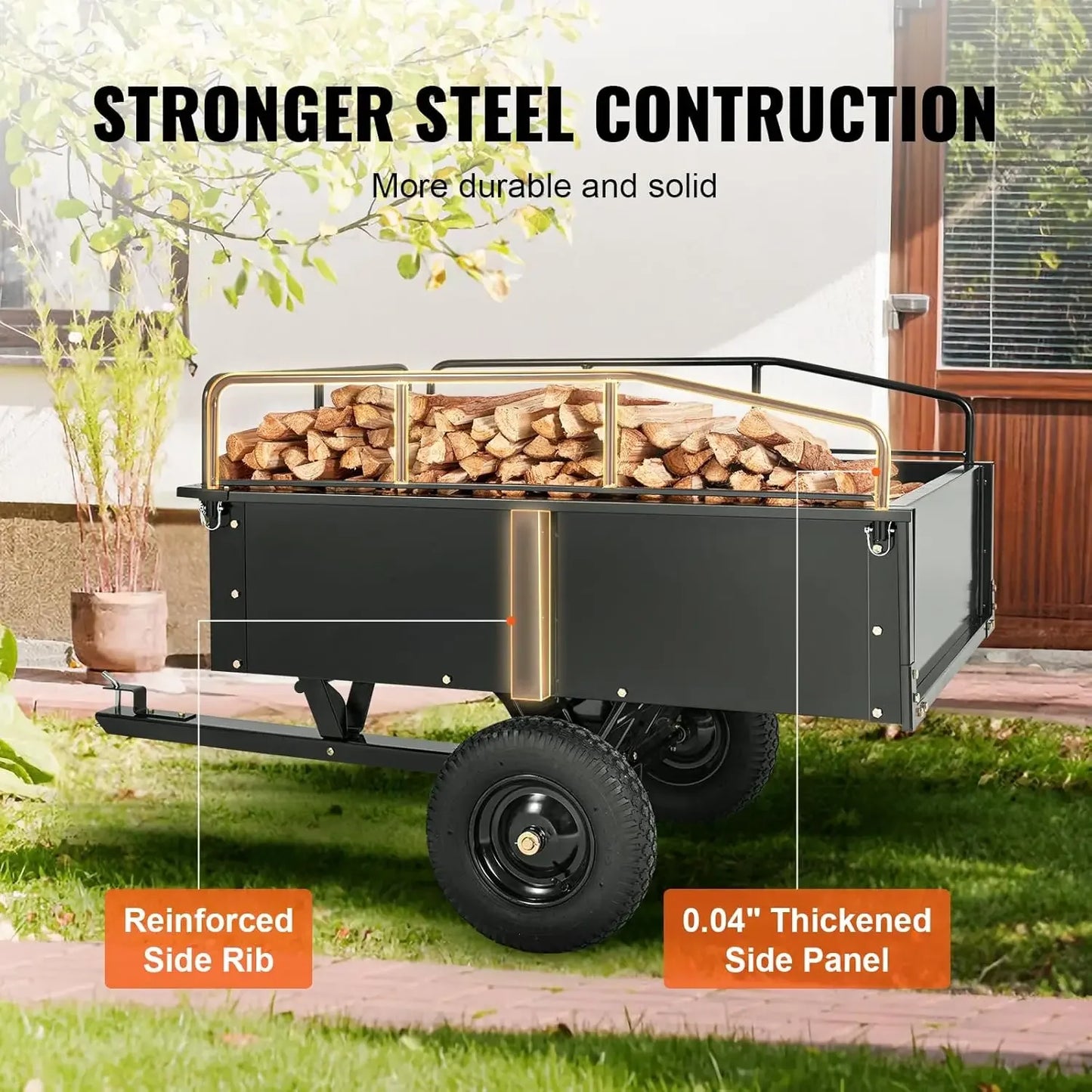 Heavy Duty ATV Trailer Steel Dump Cart, 750-Pound 15 Cubic Feet, Garden Utility Trailer with Removable Sides for Riding Lawn