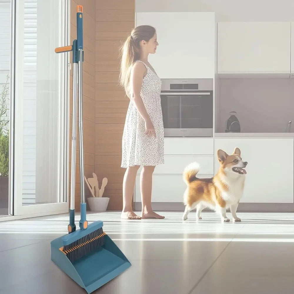 Broom and Dustpan Combo Set, Long Handled Adjustable Broom and Dustpan Set for Sweeping Home,Indoor Kitchen, Office Lobby Floor