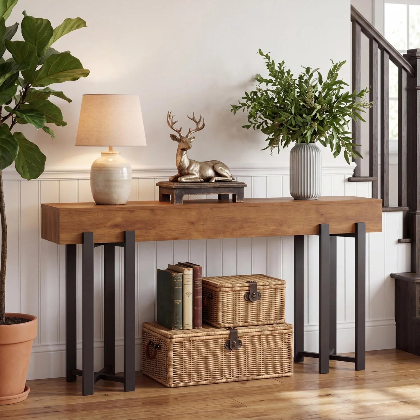 63" Modern Console Table, Wooden Entryway Table with Metal Legs, Narrow Behind Couch Table, Sofa Table for Corridors, Living Room, Hallway
