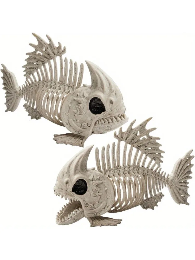 2 PCS 9.5 Halloween Poseable Fish Skeleton Decor, Animal Plastic Bones with Posable Joints for Halloween Indoor Outdoor Decorations Party Props, Yard Patio Lawn Garden Props Decor