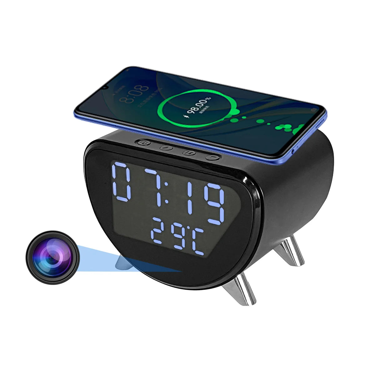 4K WiFi Clock Camera with Wireless Charging, Motion Detection, Loop Recording, Remote Viewing & App Control for Home Security