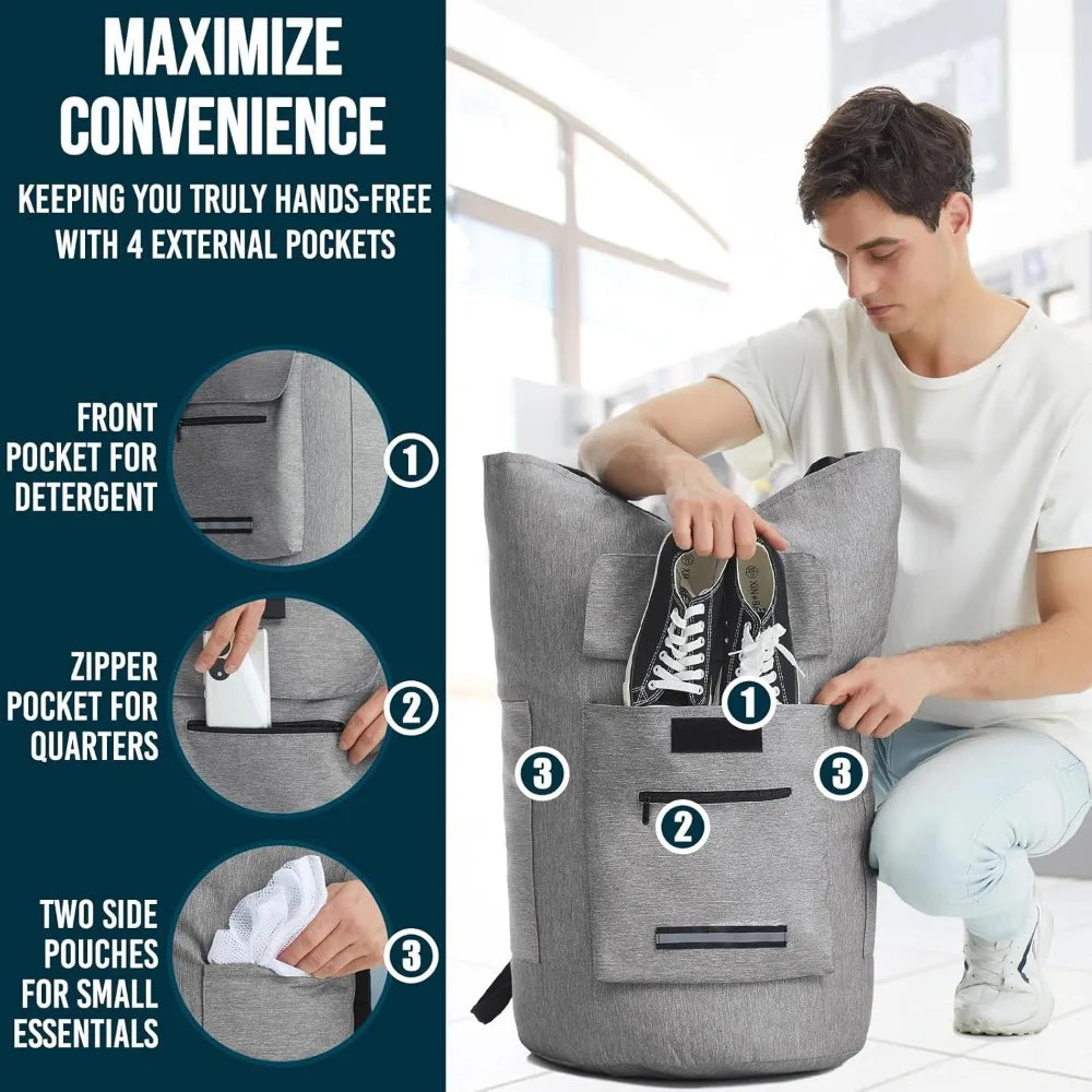 Extra Large 115L Heavy Duty Laundry Backpack with Straps and 4 Pockets for College Dorm