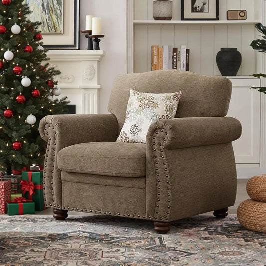 Nailhead Trim Chenille Armchair With Rolled Arms And Wood Legs