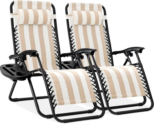 Set of 2 Adjustable Steel Mesh Zero Gravity Lounge Chair Recliners w/Pillows and Cup Holder Trays - Tan Striped