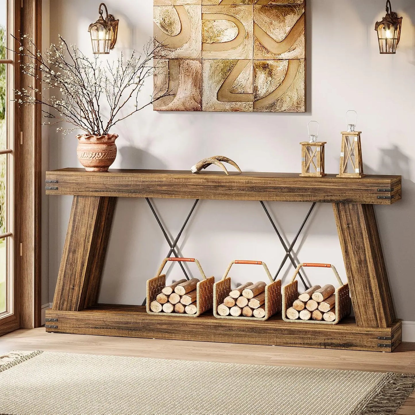 70.9" Farmhouse Console Table, Long Sofa Table Behind Couch with Storage, Narrow Wooden Console Station, Industrial, Customized