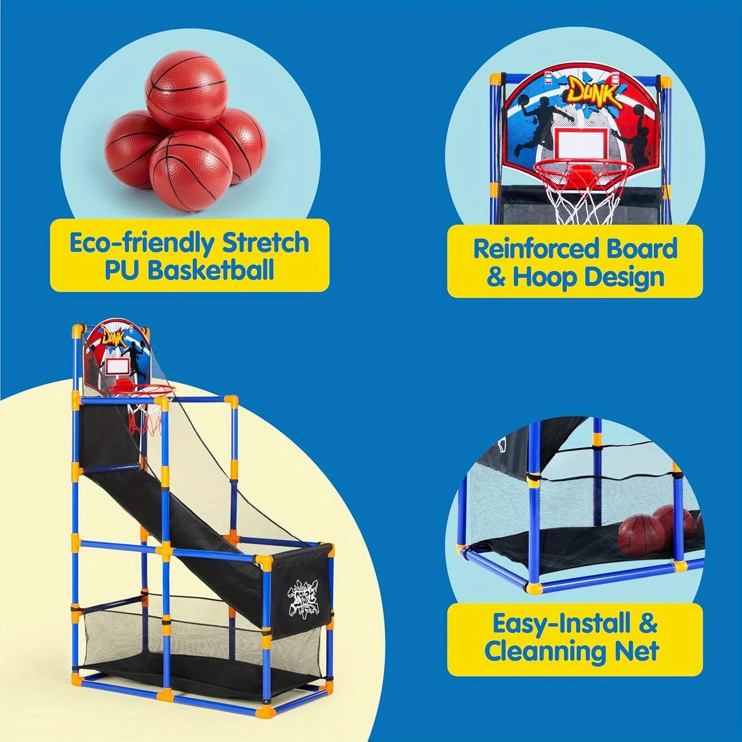 Arcade Basketball Game Set with 4 Balls and Hoop for Kids 3 to 12 Years Old Indoor Outdoor Sport Play Easy Set Up
