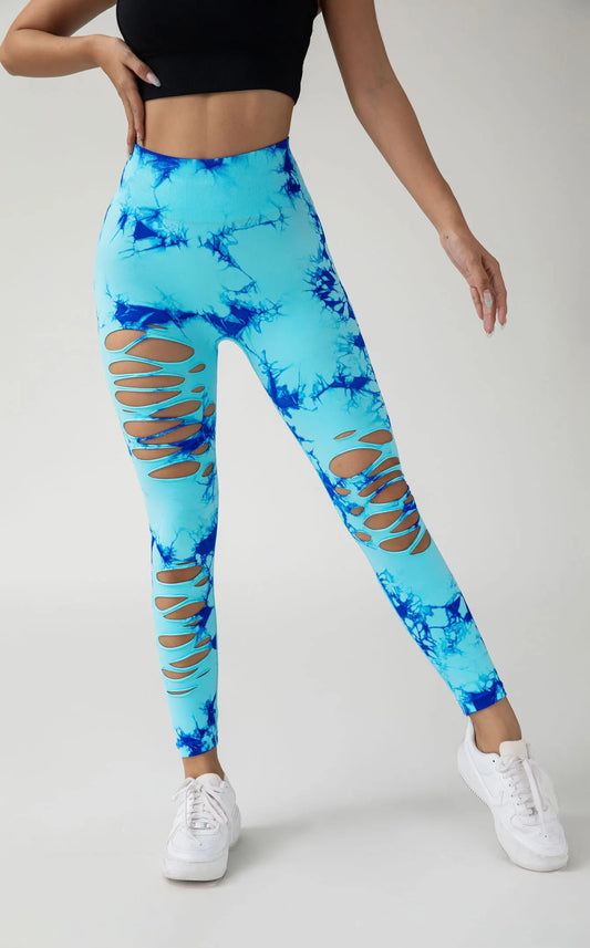 US Local Women's Tie Dye Cut Out Tights High Waist Workout Yoga Leggings, Scrunch Butt Lifting Elastic Pants