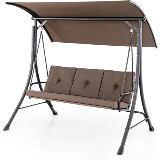 3 Person Porch Swing Outdoor Swing with Removable Cushions Solid Steel Structure Patio Swing with Adjustable Canopy for Garden