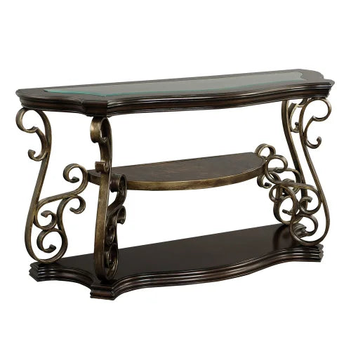 Traditional Glass Top Sofa Table With Marble Look Shelf And Metal Legs