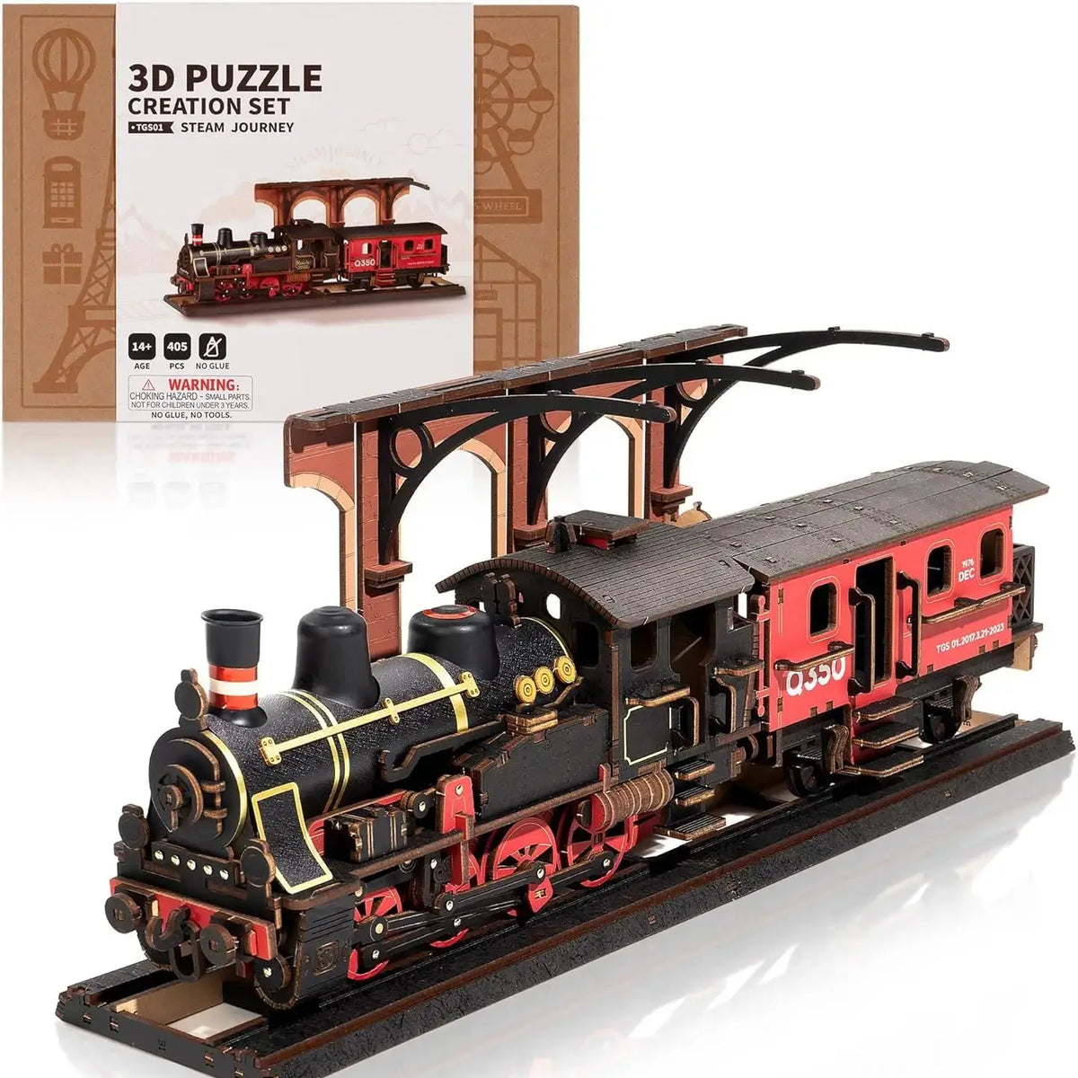 Rolife 3D Wooden Puzzle Steam Journey Mechanical Vehicle Model Building Kit DIY Puzzle Toys for Home Desk Decor Gifts for Adults