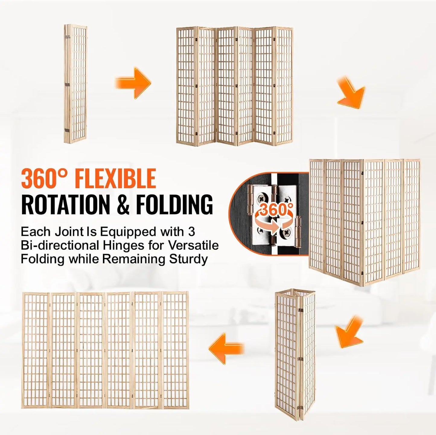 Room Divider, 6 Panel Japanese Room Divider, Wood Folding Privacy Screen Indoor, Partition Dividers Portable Decoration Screens