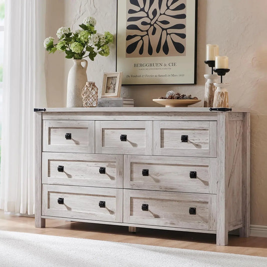 Farmhouse 7 Drawer Dresser for Bedroom, 54 Inch Wide Rustic Wood Dresser TV Stand, Dresser Chest of Drawers for Closet