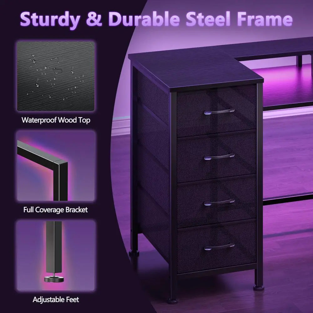 47 Inch L Shaped Gaming Desk With LED Lights Power Outlets And 5 Fabric Drawers