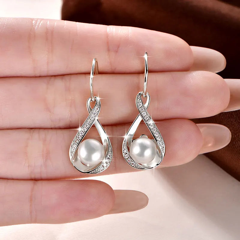 OXTAO Infinity D Moissanite Dangle Hook Earrings for Women 8mm Natural Freshwater Pearl Earrings Wedding Jewelry Gift 14K Gold Filled