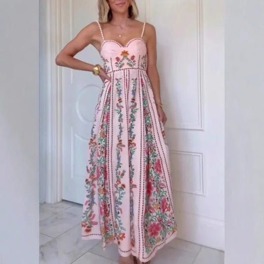 -  New European and American sexy decorative beads suspender positioning printed holiday dress for women